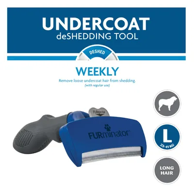 Herramienta Furminator Undercoat deShedding Tool para perros de pelo largo, talla L (23–41 kg). Uso semanal recomendado. Texto en inglés visible: Remove loose undercoat hair from shedding.