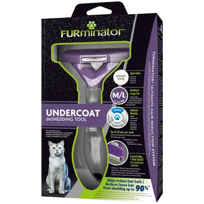 FURminator Undercoat deShedding Tool для короткой шерсти, размер M/L. Уменьшает линьку до 90%. Для средних/крупных кошек от 4,5 кг. Рекомендуемое использование: 10–20 минут в неделю.
