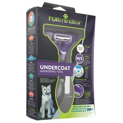 FURminator Undercoat deShedding Tool til kat, M/L, short hair. Tekst: Helps reduce hair balls, Removes loose hair from shedding up to 99 %. Billede af grå kat og børste i emballage.
