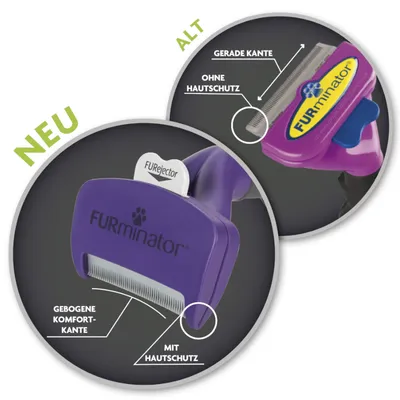 FURminator с изогнутым комфортным лезвием и защитой кожи. Альтернатива с прямым лезвием без защиты кожи. Новая функция FURjector видна.