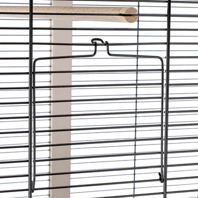 Metal bracket for birdcage, attached to bars with wooden perch in the background.