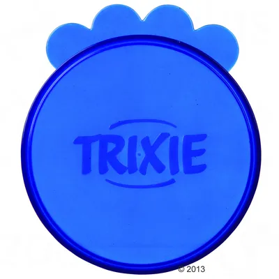Blue round lid with the word TRIXIE in the centre and a paw-shaped tab at the top.