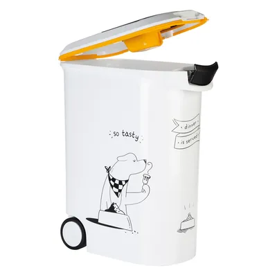 White food container with yellow lid, illustration of a dog eating and text 'so tasty' and 'dinner is served'.