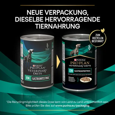 Purina Pro Plan Veterinary Diets EN Gastrointestinal. Neue Verpackung, dieselbe Tiernahrung. Zum Recyceln bestimmt. Recyclingmöglichkeiten variieren je nach Land unter purina.eu/packaging.