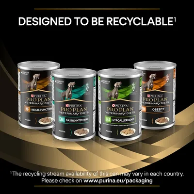 Four Purina Pro Plan Veterinary Diets cans labelled Renal Function, Gastrointestinal, Hypoallergenic, and Obesity. Text states: Designed to be recyclable. Recycling details at purina.eu/packaging.