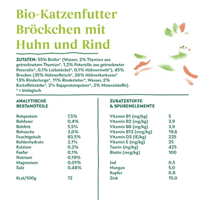 Bio-Katzenfutter Bröckchen mit Huhn und Rind. Состав, аналитические компоненты и добавки указаны на немецком языке: белок 7,5 %, жир 5,5 %, клетчатка 0,4 %, зола 2 %, влага 83,5 %.