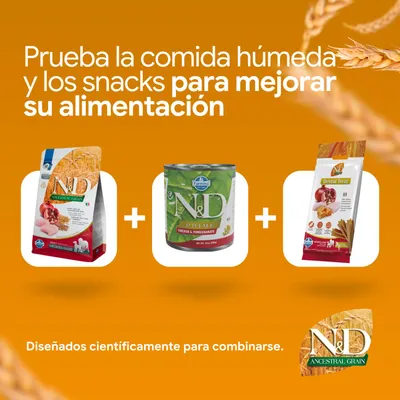 Pruebe el pienso N&D Ancestral Grain, la comida húmeda N&D Prime y los snacks dentales N&D Dental Treats. Desarrollados científicamente para combinarse y ofrecer una mejor nutrición.