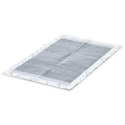 Tappetino igienico monouso grigio con bordo bianco e motivo discreto, forma rettangolare.
