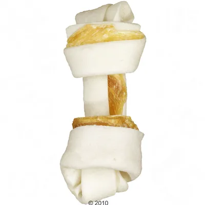 Osso annodato per cani in pelle bianca con striscia centrale marrone, senza marchio o testo visibile.