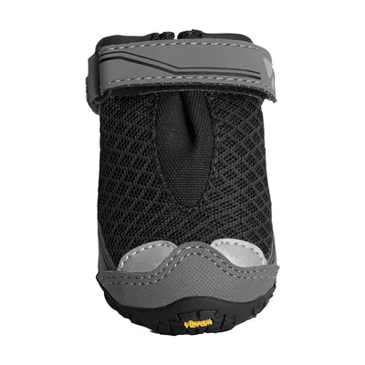 Черная обувь для собак с серыми акцентами, дышащая сетка и подошва Vibram для надежного сцепления.