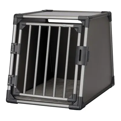 Transport box made of metal and plastic with grid door, suitable for safe accommodation of pets. Rectangular shape with slanted back.