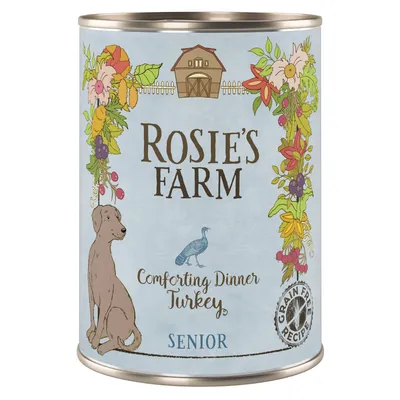 Rosie's Farm Comforting Dinner Turkey Senior, getreidefreie Rezeptur. Illustration mit Hund, Truthahn und Blumenmotiv.
