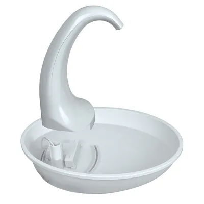 Fontaine à eau blanche en plastique pour animaux, avec bec courbé et réservoir rond visible. Aucun logo ou texte apparent.