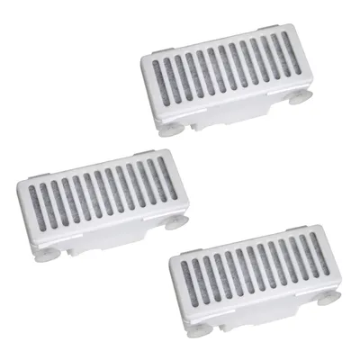 Lot de 3 filtres rectangulaires blancs à grille, avec éléments en plastique et matière filtrante visible à l’intérieur.
