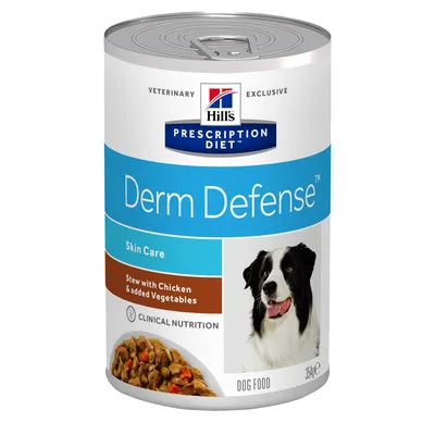 Konzerva Hill's Prescription Diet Derm Defense Skin Care, Stew with Chicken & added Vegetables, DOG FOOD 354 g, obrázek psa a porce krmiva na etiketě.