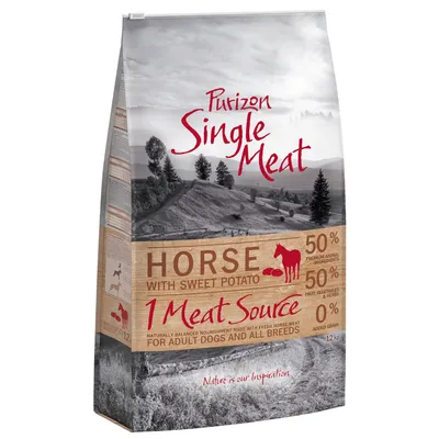 Purizon Single Meat Horse s batáty, 50 % koňského masa, 50 % zeleniny a bylin, 0 % obilovin. Pro dospělé psy všech plemen. Balení 12 kg.