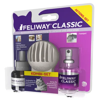 Feliway Classic Kombi-Set: odpařovač pro nepřetritou relaxaci doma, sprej pro pohodu při přepravě. Proti škrábání, značkování močí, strachu a novým situacím.