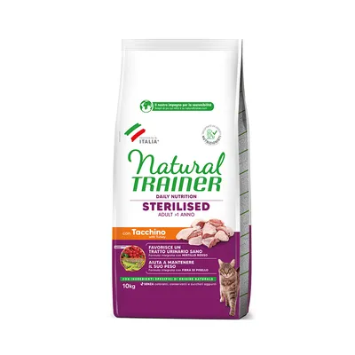 Natural Trainer Sterilised Adult >1 Jahr mit Truthahn, 10kg. Fördert gesunden Harntrakt und Gewichtserhalt. Zutaten natürlichen Ursprungs, ohne Farbstoffe, Konservierungsstoffe oder Zuckerzusatz.