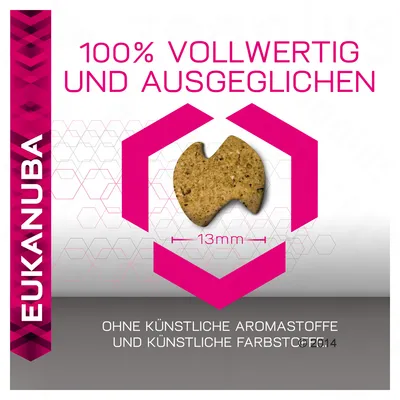 EUKANUBA, 100% VOLLWERTIG UND AUSGEGLICHEN, bez umjetnih aroma i boja, veličina granule 13 mm. Tekst na njemačkom jeziku.