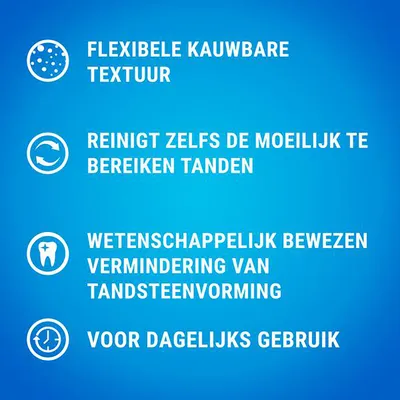 Flexibele kauwbare textuur, reinigt zelfs de moeilijk te bereiken tanden, wetenschappelijk bewezen vermindering van tandsteenvorming, voor dagelijks gebruik.