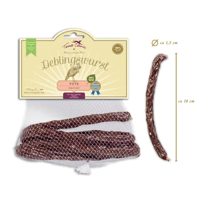Terra Canis Lieblingswurst Pute, 190 g/8 kpl, makkarat verkossa. Yksi makkara: pituus noin 18 cm, halkaisija noin 1,5 cm. 100 % Natur, näkyvissä myös www.terracanis.com.
