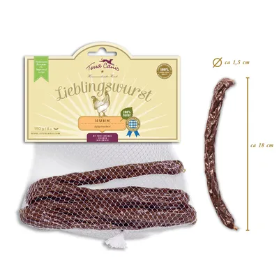 Terra Canis Lieblingswurst Huhn, 190 g/8 kpl, kananlihamakkara koirille. Pituus noin 18 cm, halkaisija noin 1,5 cm. 100 % Natur, ilmakuivattu. Pakkaus ja makkarat verkossa.