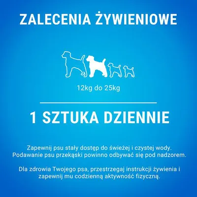 Zalecenia żywieniowe dla psa 12–25 kg: 1 sztuka dziennie. Zapewnij psu stały dostęp do świeżej wody i codzienną aktywność fizyczną. Podawaj przekąskę pod nadzorem.
