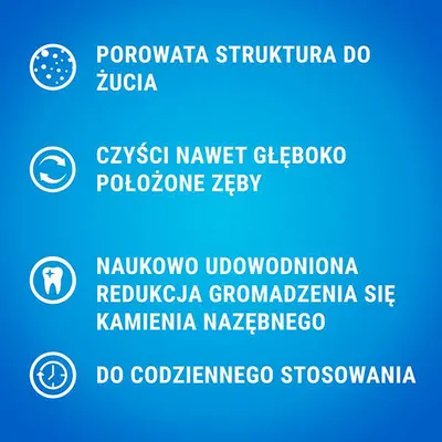 Porowata struktura do żucia, czyści nawet głęboko położone zęby, naukowo udowodniona redukcja kamienia nazębnego, do codziennego stosowania
