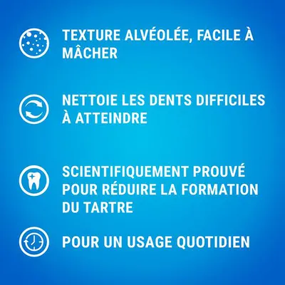 Texture alvéolée, facile à mâcher. Nettoie les dents difficiles à atteindre. Scientifiquement prouvé pour réduire la formation du tartre. Pour un usage quotidien.