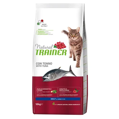 Sac Natural Trainer pour chat adulte, 10 kg, con tonno (au thon), pulpe de betterave et chicorée, extrait de canneberge, sans colorants, conservateurs ni sucres ajoutés. Made in Italy.