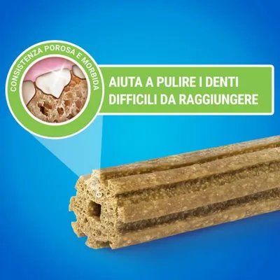 Bastoncino per cani con testo: 'Consistenza porosa e morbida. Aiuta a pulire i denti difficili da raggiungere'. Immagine sezione interna che mostra la struttura porosa.