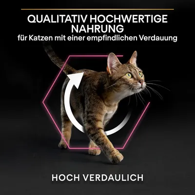 Qualitativ hochwertige Nahrung für Katzen mit empfindlicher Verdauung. Hoch verdaulich.