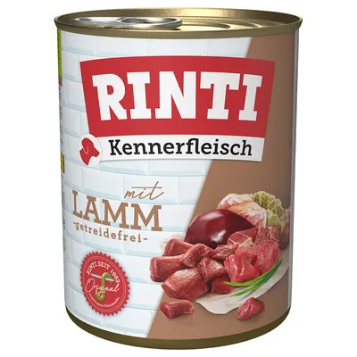 RINTI Kennerfleisch s jehněčím, bez obilovin. Rinti od roku 1926 Original. Zobrazení kousků masa a ingrediencí.