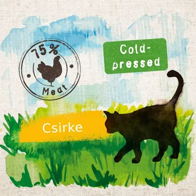 75% Meat, Cold-pressed, Csirke feliratok, fekete macska sziluett zöld mezőn, csirke szimbólum. A 'Cold-pressed' angol nyelvű.