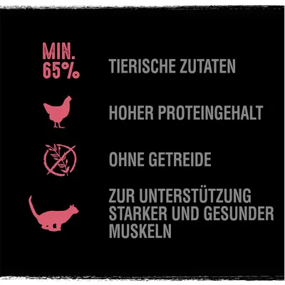 Min. 65% dierlijke ingrediënten, hoog eiwitgehalte, zonder granen, ter ondersteuning van sterke en gezonde spieren.