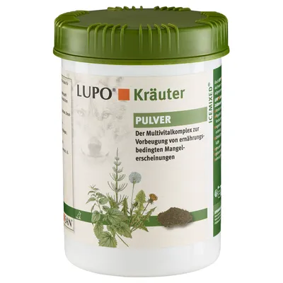 LUPO Kräuter Pulver. Multivitalkomplex zur Vorbeugung von ernährungsbedingten Mangelerscheinungen. Abbildung von Kräutern und Pulver auf der Verpackung.