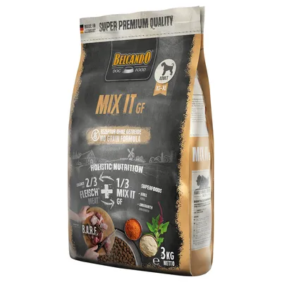 Belcando Dog Food Mix It GF, viljaton resepti, Holistic Nutrition: 2/3 lihaa + 1/3 Mix It GF, superfoodit: krilli, amarantti, 3 kg netto, valmistettu Saksassa, aikuisille koirille XS-XL.