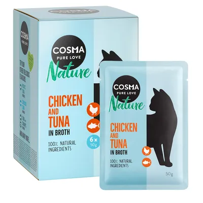 Cosma Nature Chicken and Tuna in Broth, 100% natürliche Zutaten, Packung mit 6 x 50g Beuteln. Silhouette einer Katze und Icons für Huhn und Fisch sichtbar.