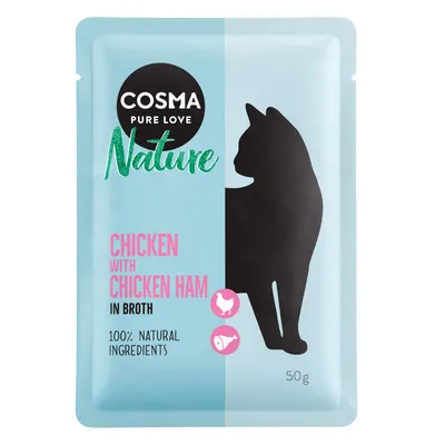 COSMA PURE LOVE Nature CHICKEN WITH CHICKEN HAM IN BROTH, 100% NATURAL INGREDIENTS, 50 g, silueta kočky na obalu