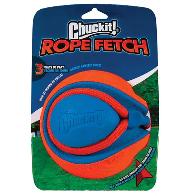 Chuckit! Rope Fetch jucărie, albastru-portocaliu. Trei moduri de joacă: Kick it, Throw it, Tug it. Frânghia se desface și se depozitează în siguranță.