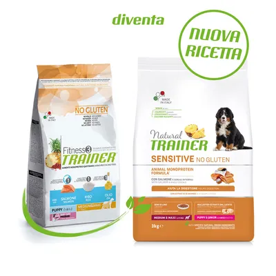 To poser hundefoder: Fitness3 Trainer Puppy Medium&Maxi med laks, ris og olie, samt Natural Trainer Sensitive No Gluten med laks. Tekst: NO GLUTEN, NUOVA RICETTA, MADE IN ITALY.
