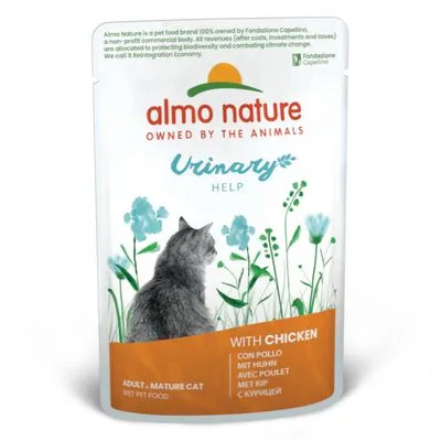 Almo Nature Urinary Help natvoer voor volwassen katten, met kip. Tekst: ADULT · MATURE CAT, WITH CHICKEN, con pollo, mit Huhn, avec poulet, met kip, с курицей.