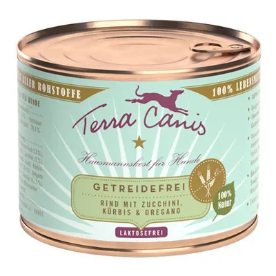 Blik Terra Canis hondenvoer, getreidefrei, rund mit zucchini, kürbis & oregano, 100% natur, laktosefrei. Tekst deels in het Duits zichtbaar op het etiket.