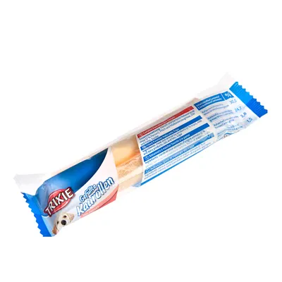 Bâtonnet à mâcher Trixie Gefüllte Kaustollen en emballage individuel, texte visible : protéines 30 %, matières grasses 24,7 %, fibres 5,8 %, cendres 1,5 %.