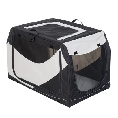 Opvouwbare transportbox van zwart-wit textiel met gaasvensters aan zijkant en voorkant, ritsopeningen en handgrepen bovenop zichtbaar.