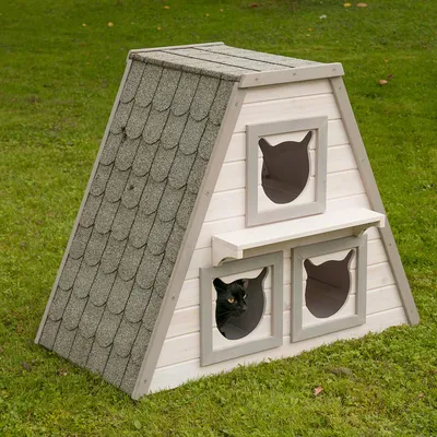 Driehoekig kattenhuis van hout met shingles dak, drie kattenvormige raamopeningen. Zwarte kat kijkt uit een onderste opening.