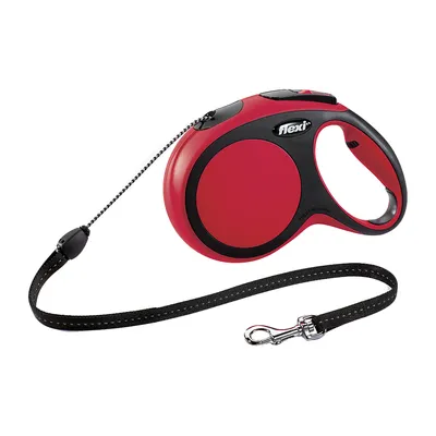 Guinzaglio avvolgibile Flexi rosso e nero con manico ergonomico, corda nera e moschettone in metallo visibile.