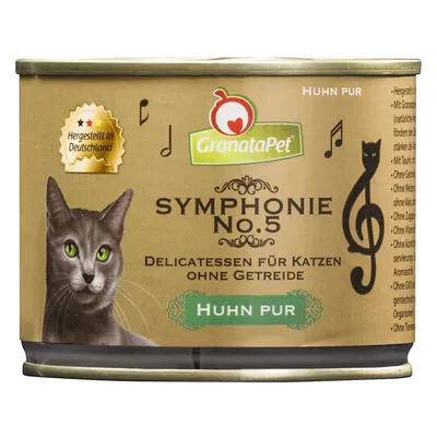 GranataPet Symphonie No.5 Delicatessen für Katzen ohne Getreide, Huhn pur. Etichetta: Hergestellt in Deutschland. Immagine di gatto e note musicali sulla confezione.