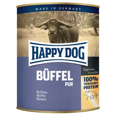 Lata de comida para perros Happy Dog BÜFFEL PUR. Texto visible: Supreme Sensible, 100% tierisches Protein, Buffalo, Buffle, Bufalo, Made in Germany.