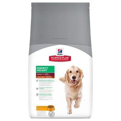 Hill's Science Plan Perfect Weight Adult 1+ Large Breed con pollo. Imagen de un perro grande en el envase. Texto visible: fibras prebióticas, ayuda a mantener peso saludable.